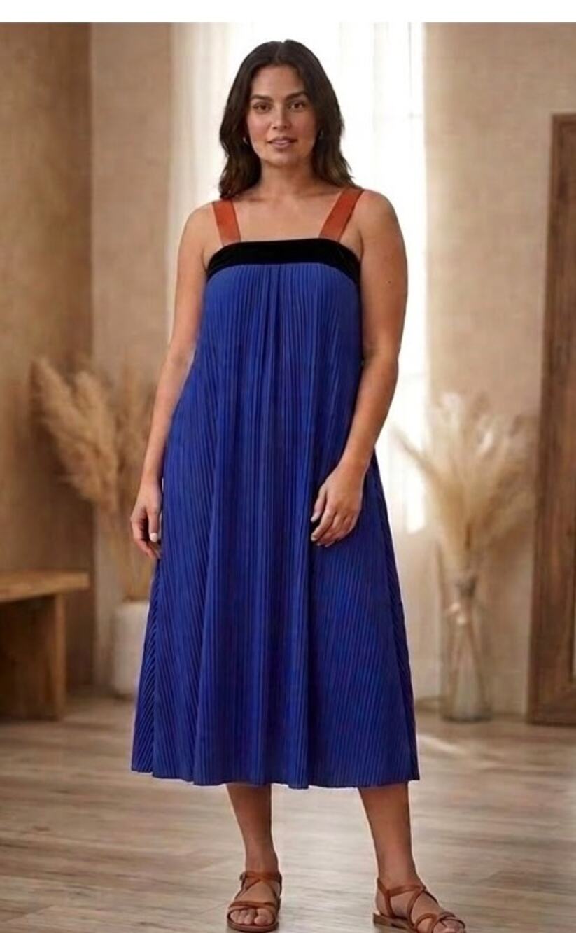 Zara Americana Coastal Resort Large Blue Red Pleated Sleeveless Loose Midi Dress